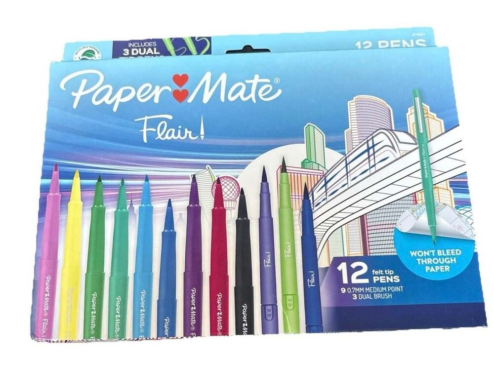 Paper Mate Flair Felt Tip Pens 12-Pack (9 Medium Point + 3 Dual Brush Pens)